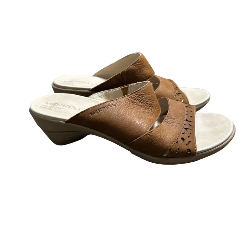 Merrell Veranda Eve Slide Sandals Womens 9 Brown Leather Laser Cut Comfort heel